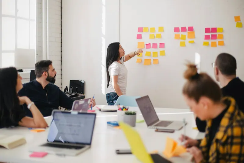 Small business team reviewing monthly payroll deductions in a meeting room
